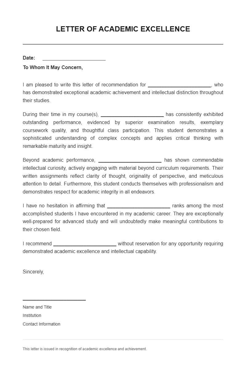 Academic Excellence Letter Templates