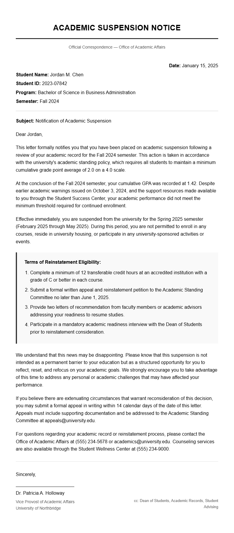 Templates for Academic Suspension Letters