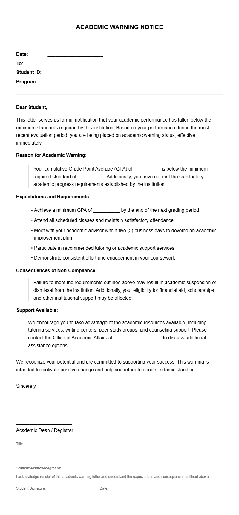 Academic Warning Letter Templates