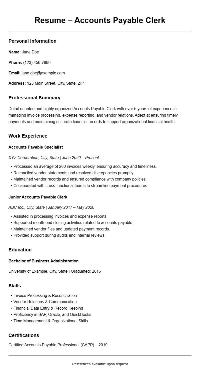 Professional Accounts Payable Clerk Resume Templates for Job Applications Professional Accounts Payable Clerk Resume Templates for Job Applications