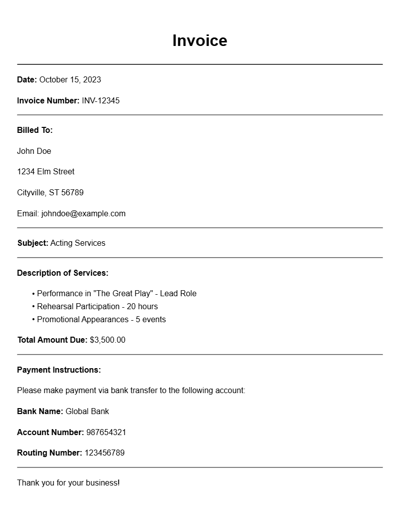 Actor Invoice Samples for Easy Billing and Payments