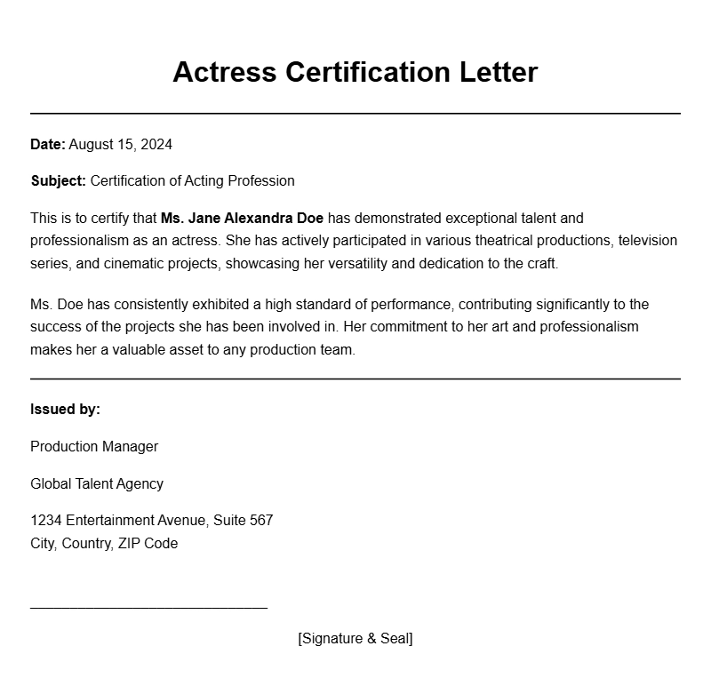 Actress Certificate Samples for Certification and Recognition