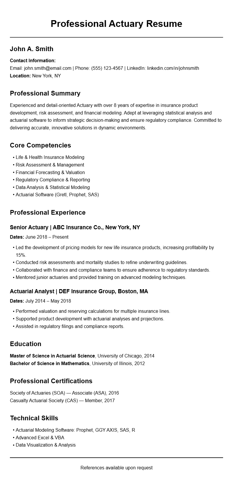 Actuary Resume Samples to Showcase Your Skills and Experience
