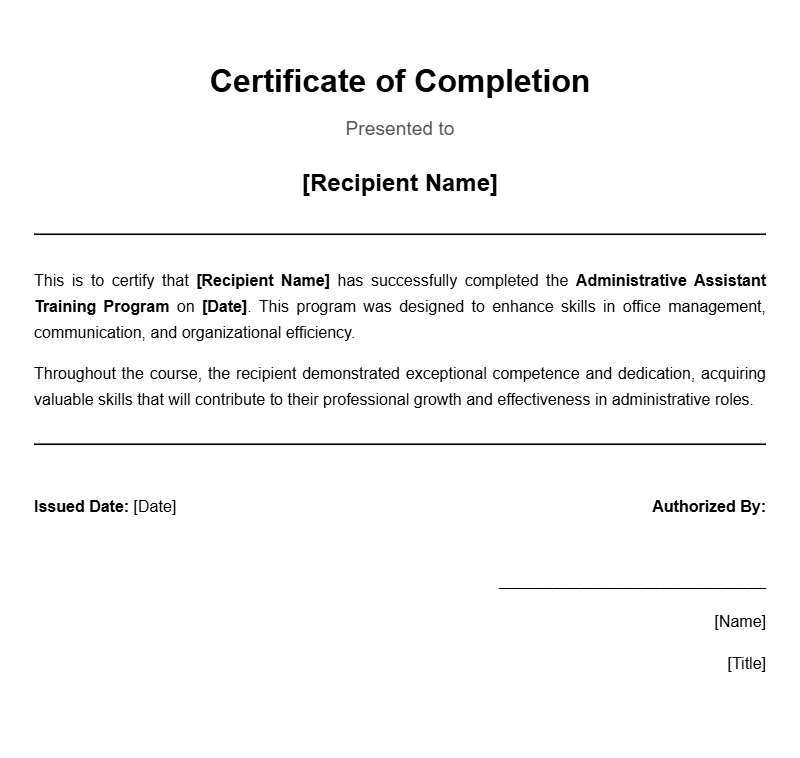 Professional Administrative Assistant Certificate Templates for Recognition