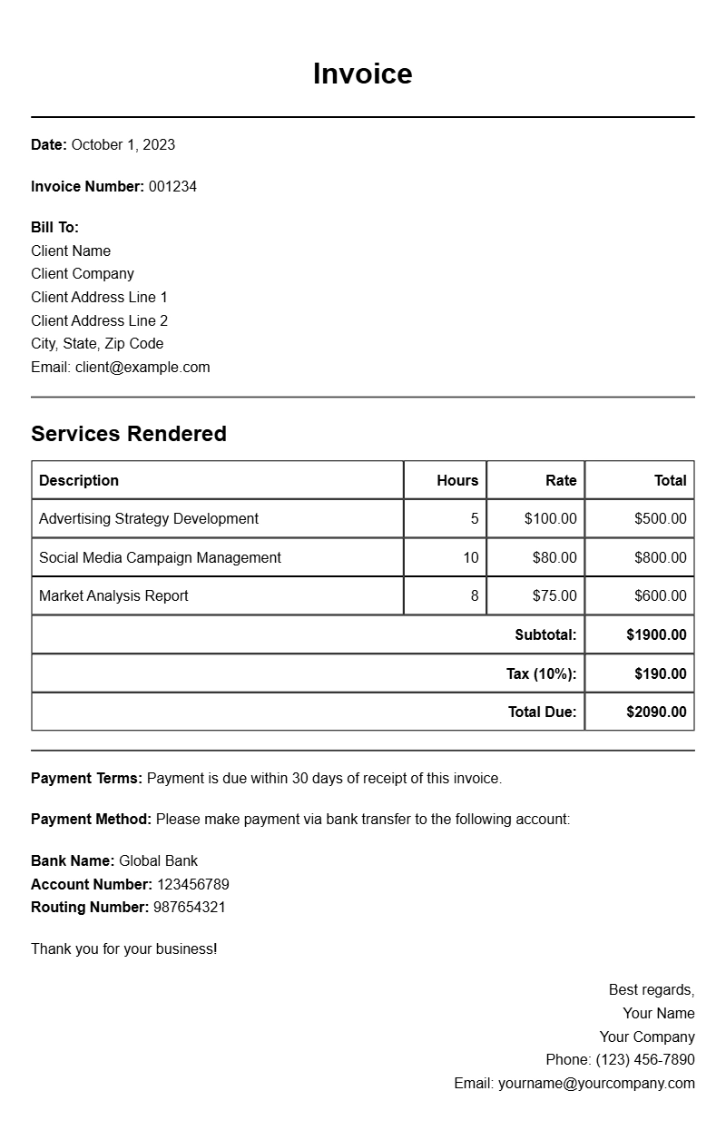 Advertising Consultant Invoice Samples for Your Business Needs