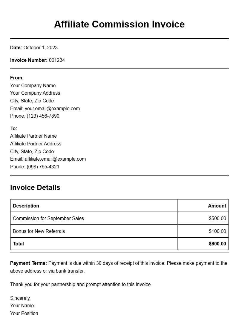 Affiliate Commission Invoice Samples for Easy Billing