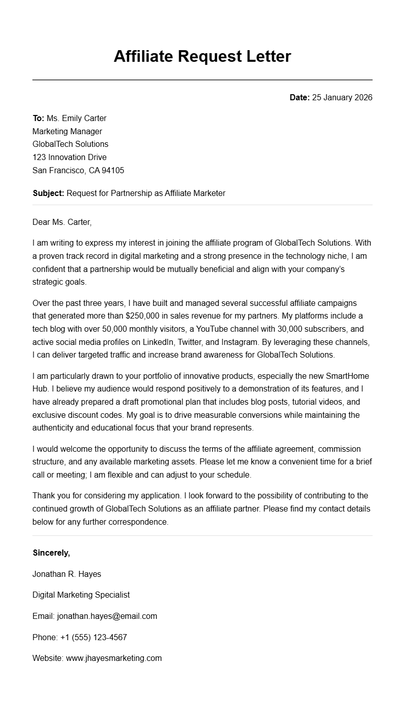 Affiliate Request Letter Samples