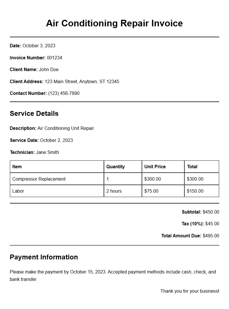 Air Conditioning Repair Invoice Templates for Professionals