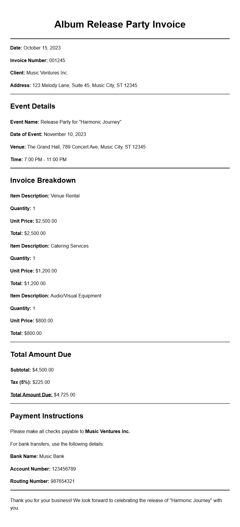 Album Release Party Invoice Samples for Your Event