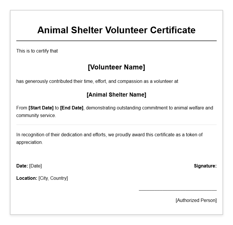 Animal Shelter Volunteer Certificate Templates for Recognition
