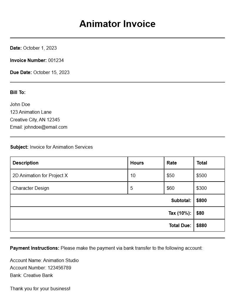 Animator Invoice Samples for Easy Billing Solutions