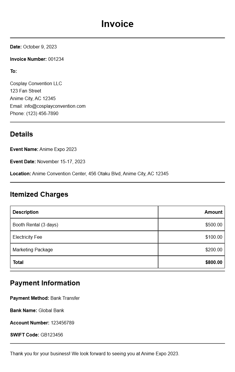 Anime Convention Invoice Samples for Your Event Planning