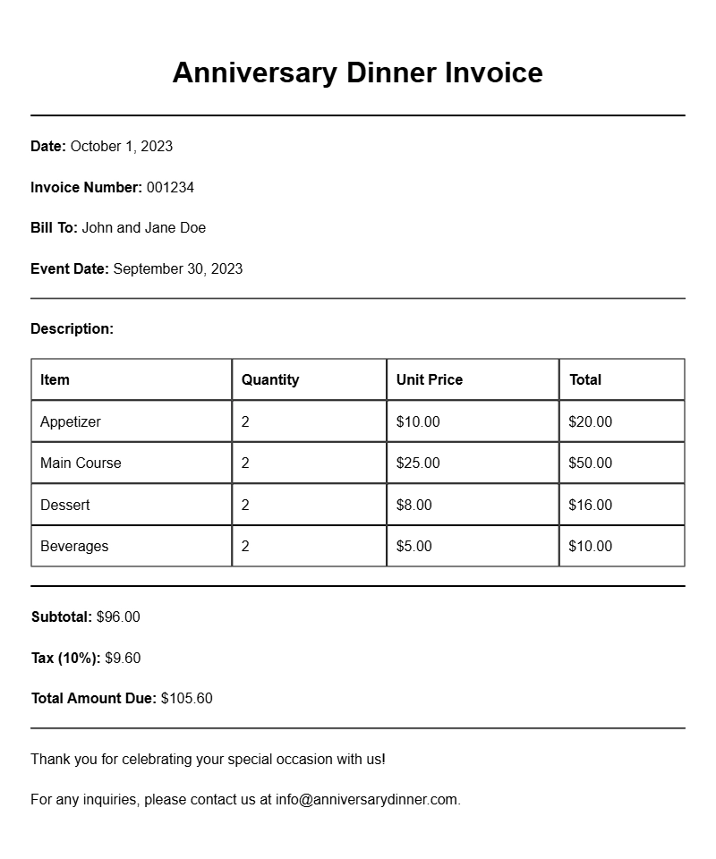 Anniversary Dinner Invoice Templates for Your Special Occasion