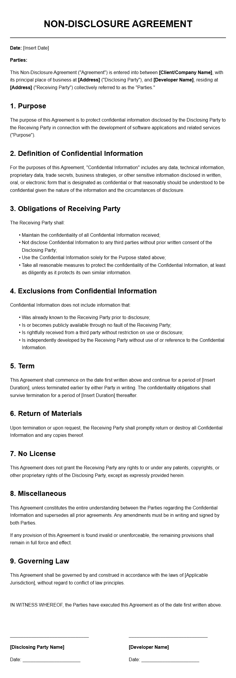 App Developer Non-Disclosure Agreement Templates