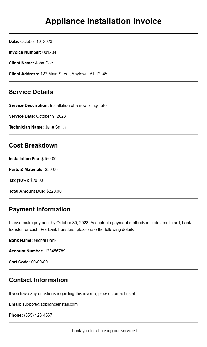 Appliance Installation Invoice Samples for Your Business Needs
