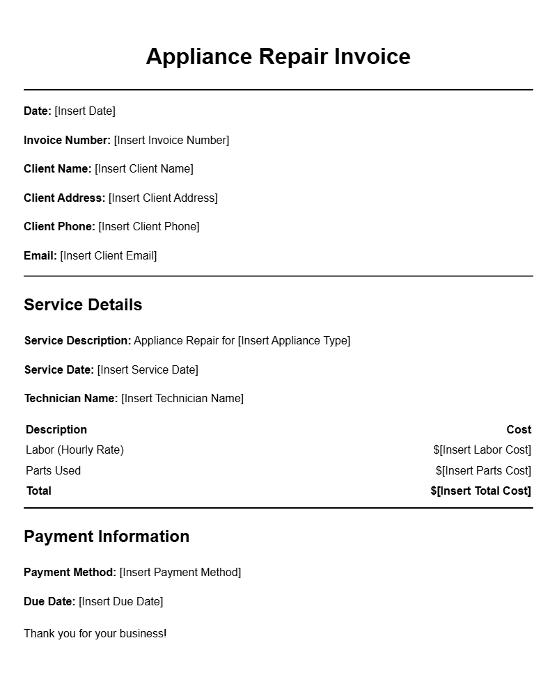 Appliance Repair Invoice Templates for Easy Billing