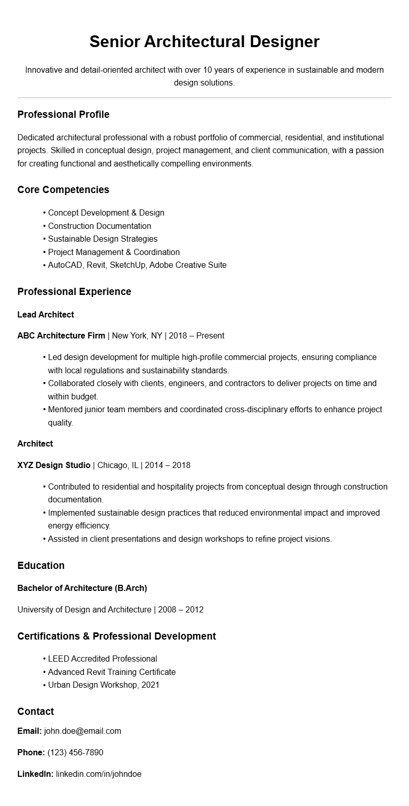 Architect Resume Samples to Showcase Your Skills and Experience