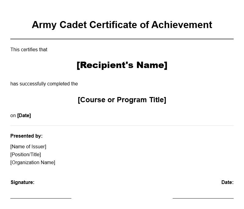 Army Cadet Certificate Templates for Recognizing Achievement