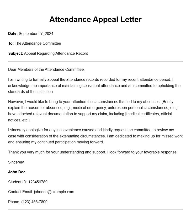 Sample Attendance Appeal Letters for Students and Employees