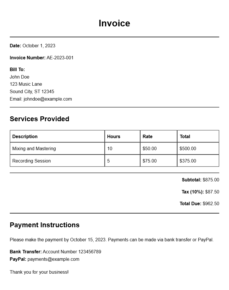 Audio Engineer Invoice Samples for Your Business Needs