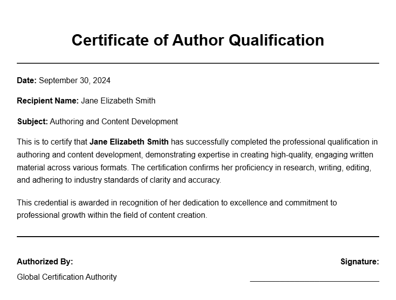 Author Certificate Samples for Certification Success