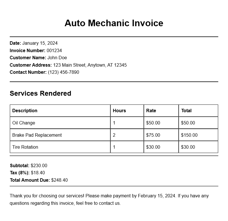 Auto Mechanic Invoice Samples for Your Business Needs