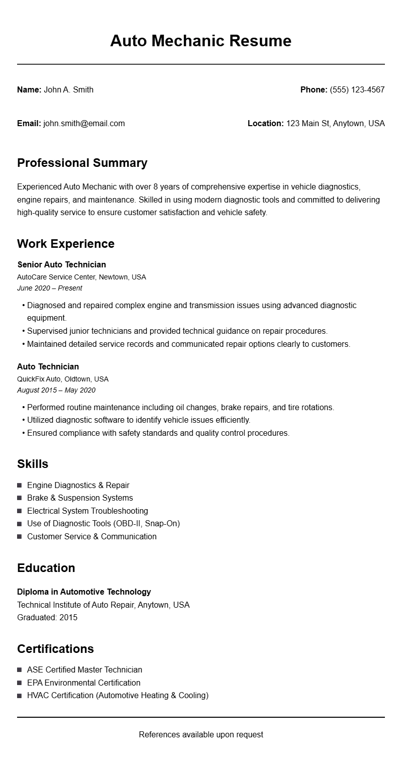 Auto Mechanic Resume Samples for a Professional Job Application