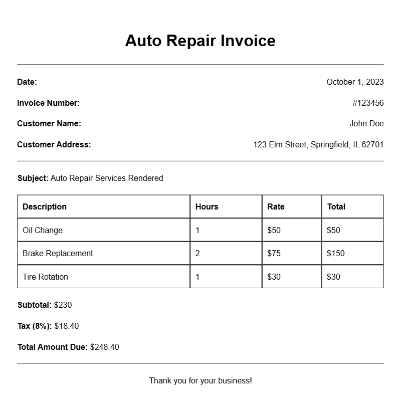 Auto Repair Invoice Templates for Efficient Billing