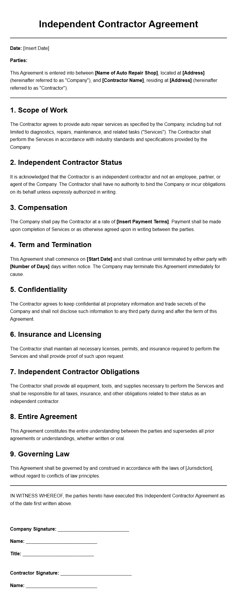 Auto Repair Shop Independent Contractor Agreement Templates
