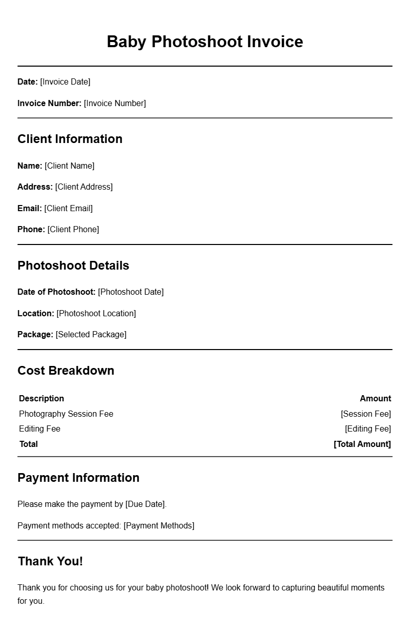 Baby Photoshoot Invoice Templates for Photographers