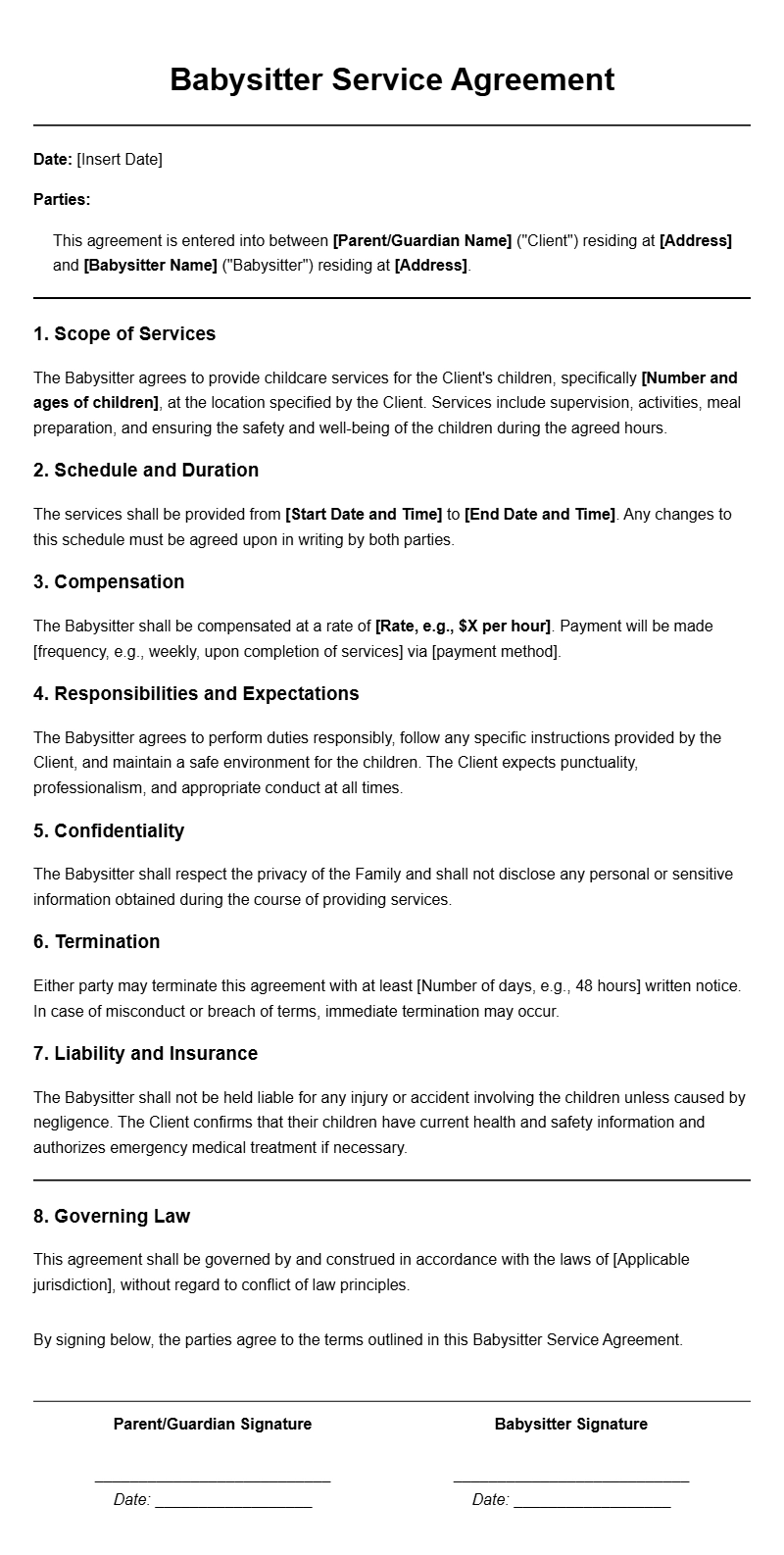 Babysitter Project Agreement Templates for Clear Arrangements