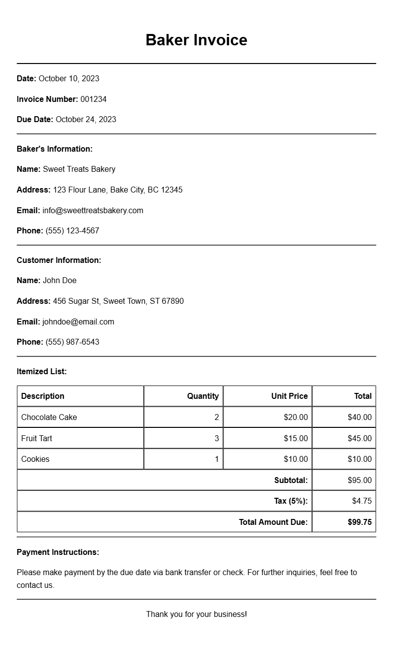 Baker Invoice Samples for Your Bakery Business Needs