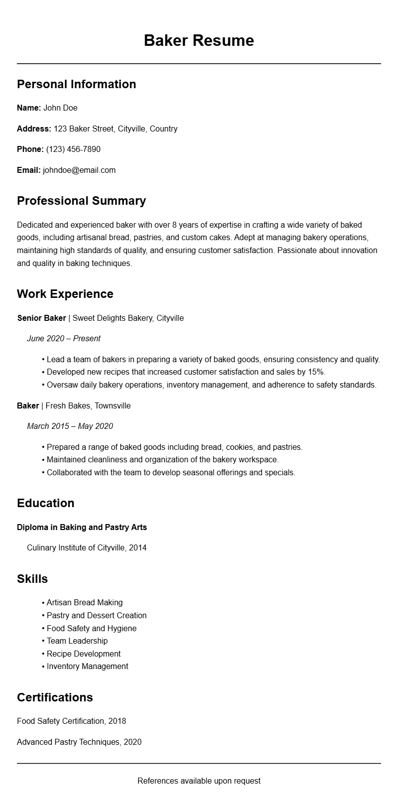 Baker Resume Samples to Showcase Your Skills and Experience