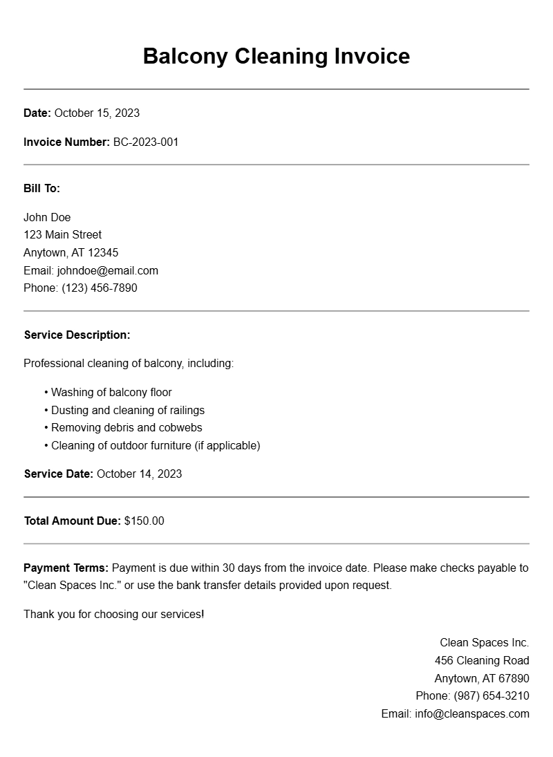 Balcony Cleaning Invoice Sample Templates for Easy Billing
