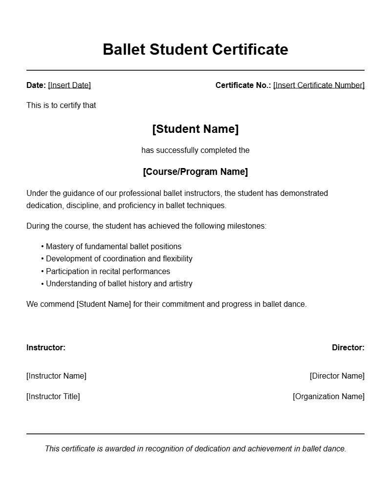 Elegant Ballet Student Certificate Templates for Recognition