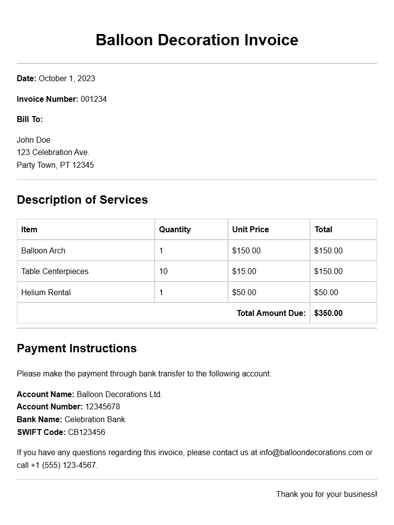 Balloon Decoration Invoice Templates for Your Business