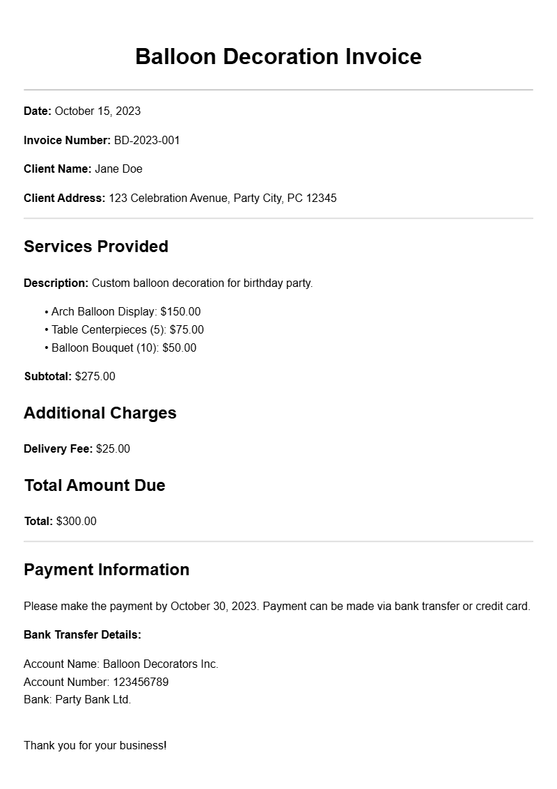 Balloon Decorator Invoice Samples for Your Business Needs