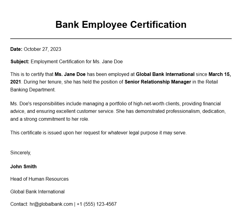 Bank Employee Certificate Sample Templates and Examples