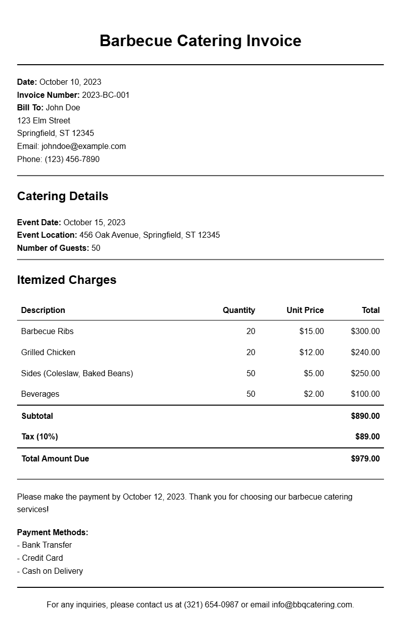 Barbecue Catering Invoice Samples for Your Business Needs
