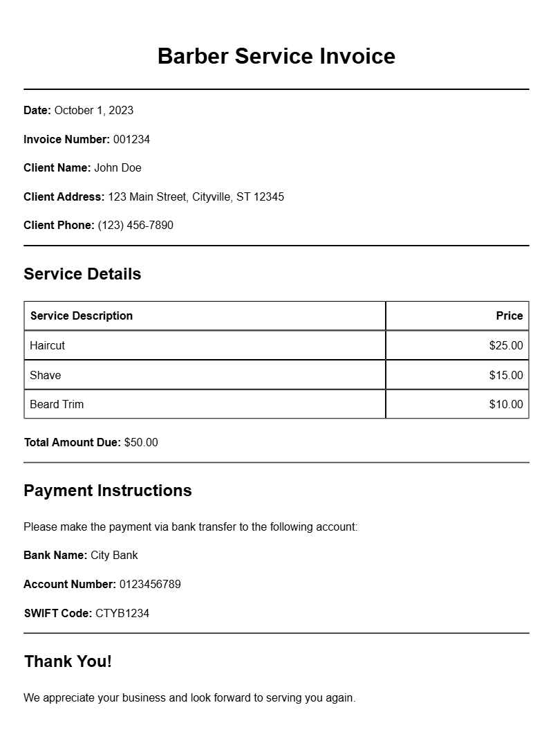 Barber Service Invoice Templates for Professional Use