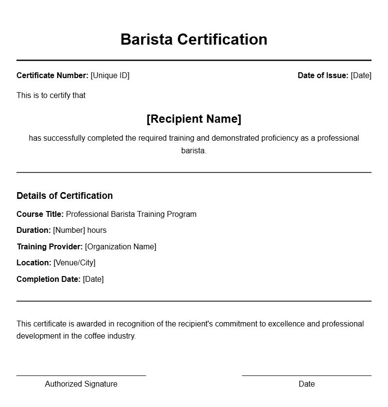 Professional Barista Certificate Templates for Certification Programs