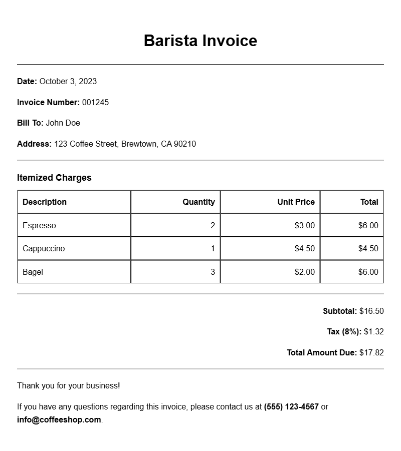 Barista Invoice Samples for Your Coffee Business Needs