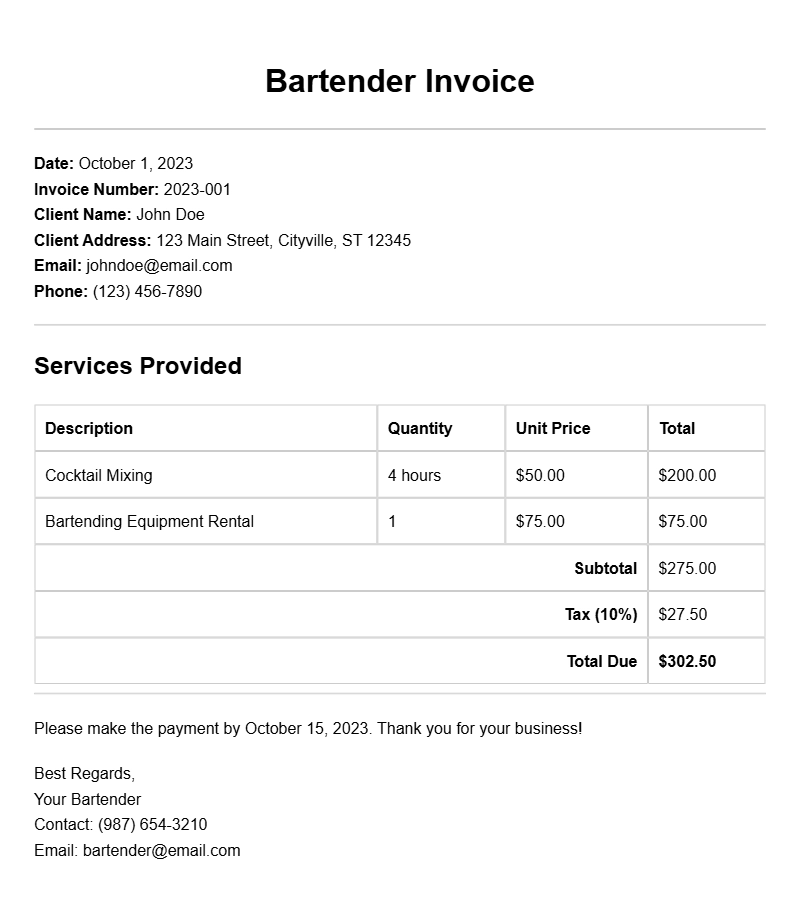 Effective Bartender Invoice Samples for Your Business