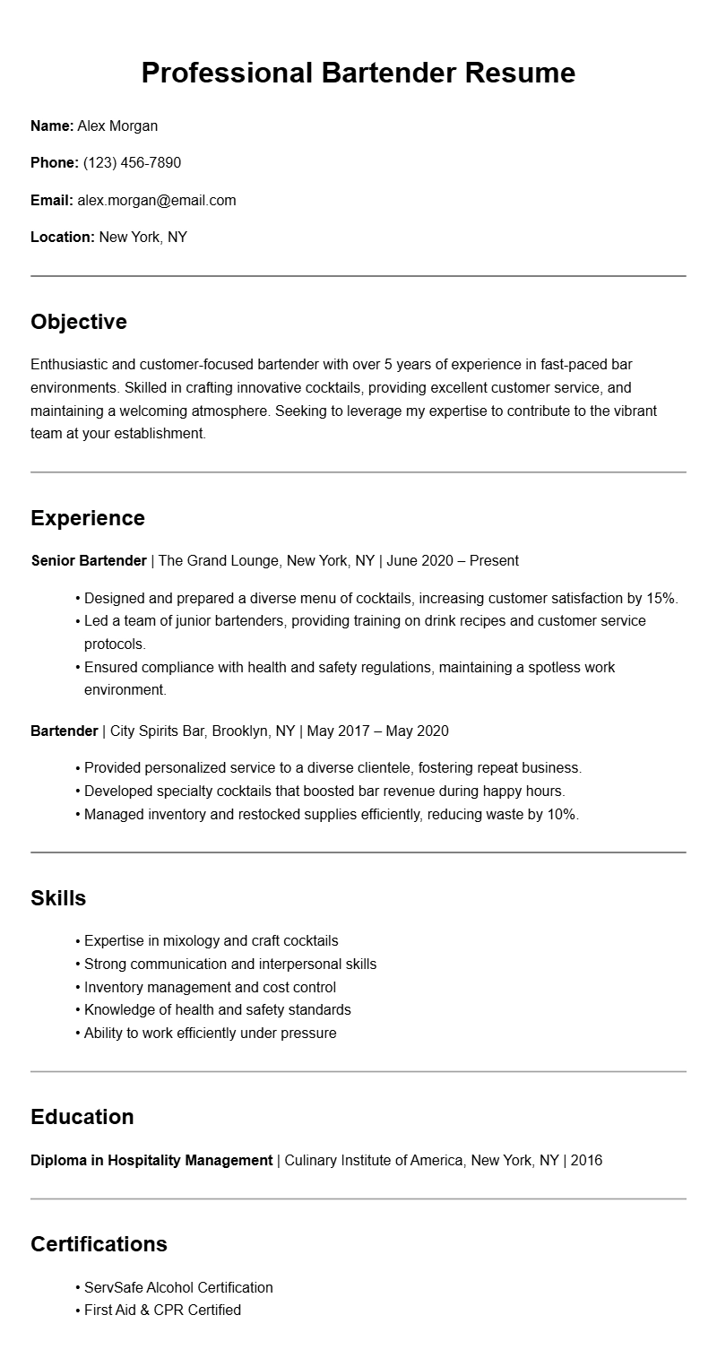 Bartender Resume Samples to Impress Employers