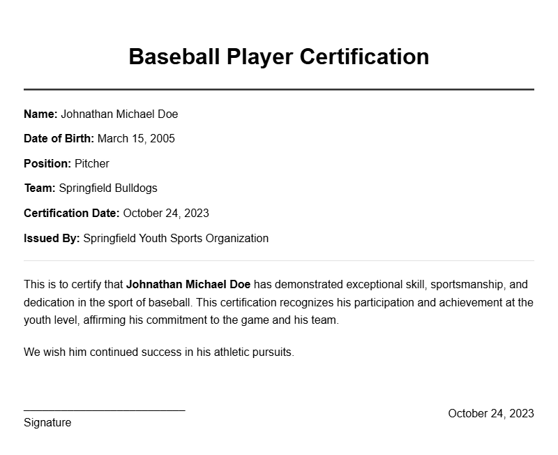 Sample Baseball Player Certificates for Recognition and Achievement
