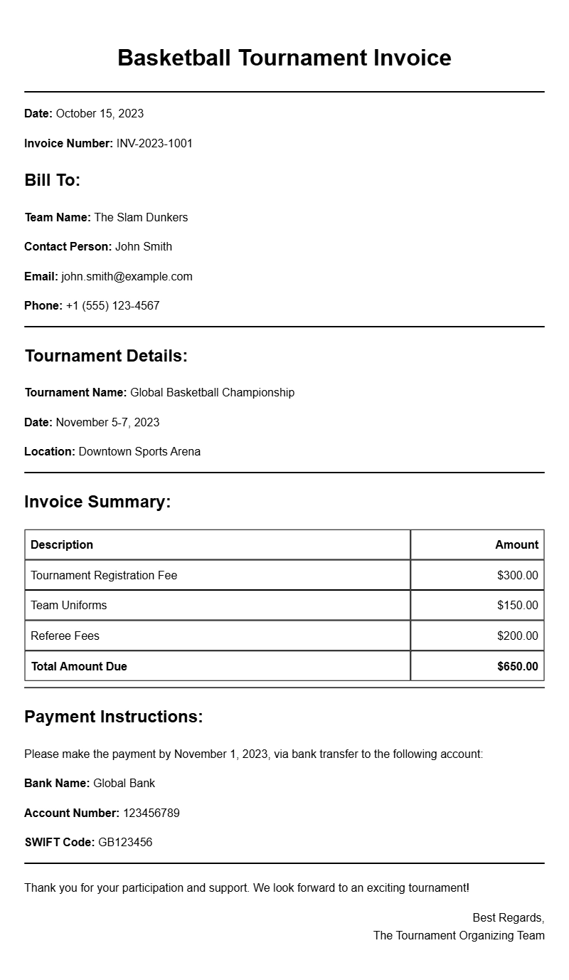 Basketball Tournament Invoice Samples for Easy Billing