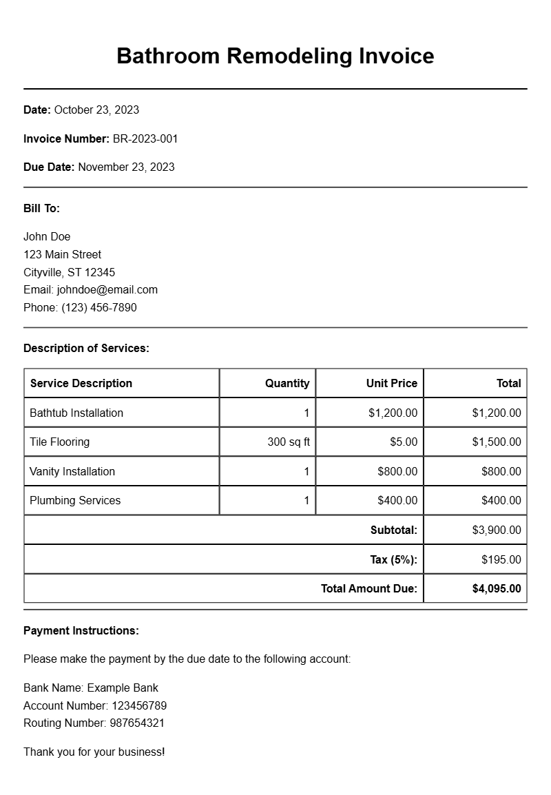 Bathroom Remodeling Invoice Samples for Your Projects
