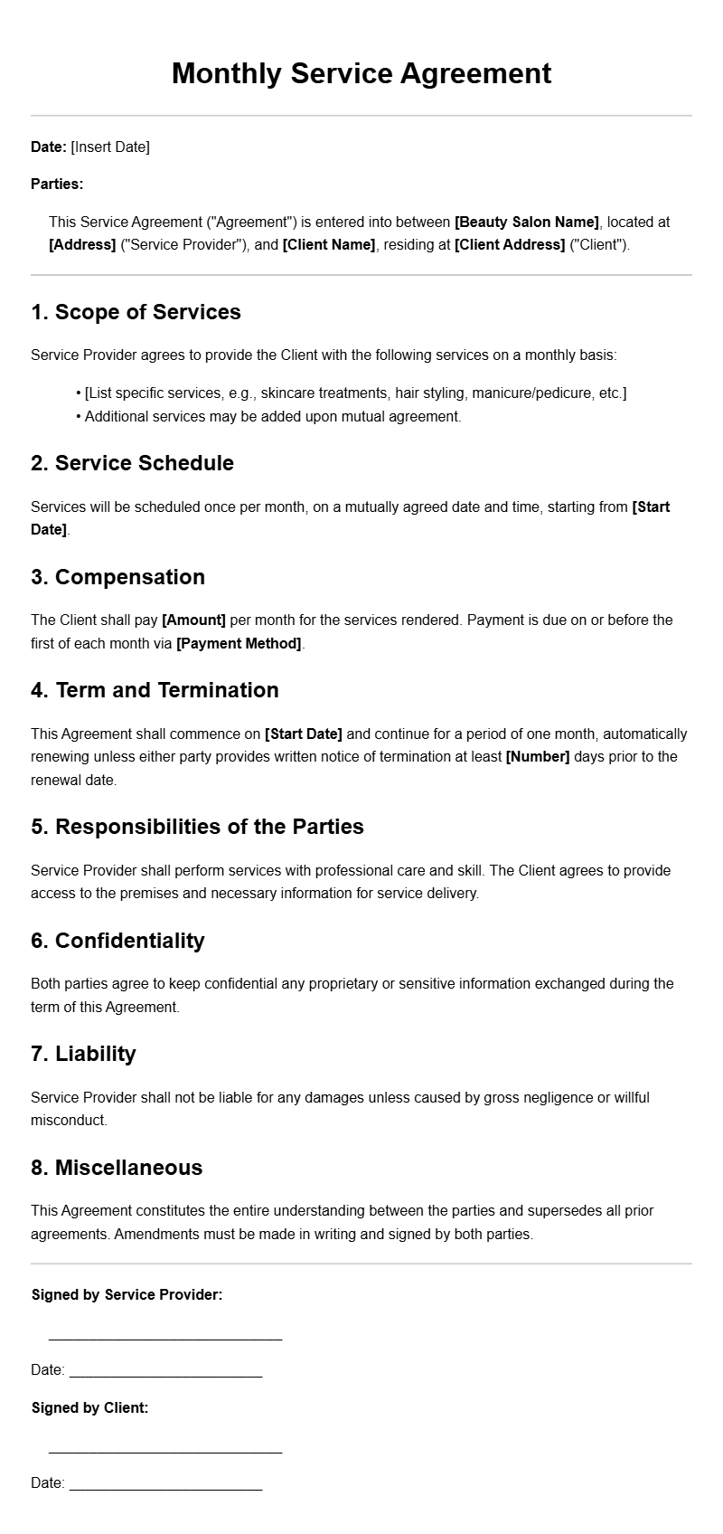 Beauty Salon Monthly Service Agreement Templates