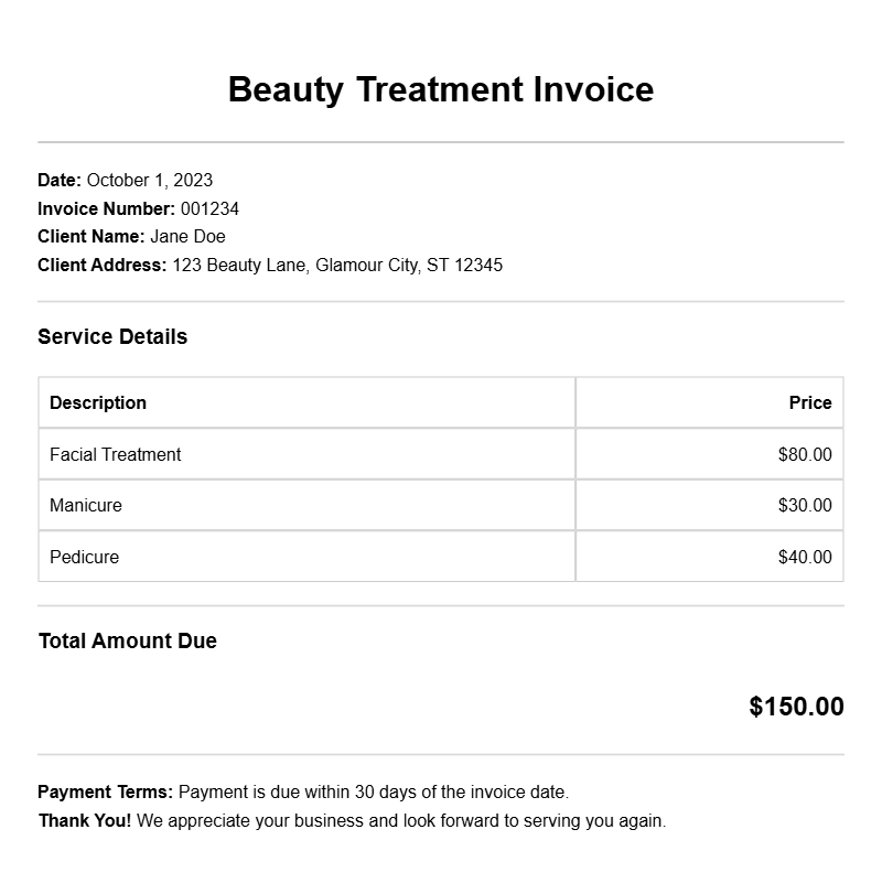 Beauty Treatment Invoice Samples for Professionals