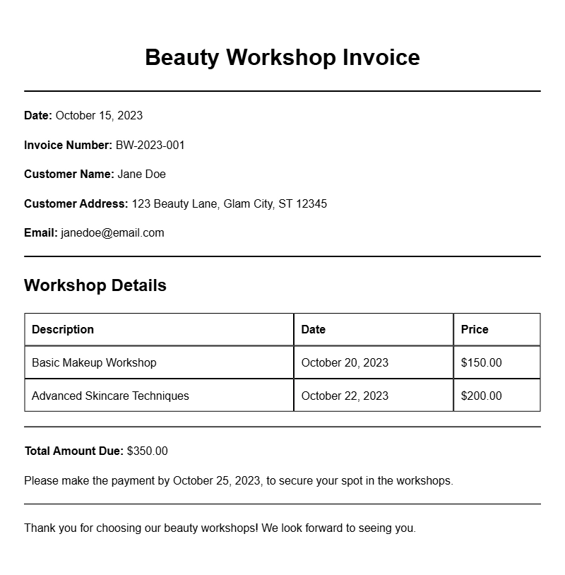 Beauty Workshop Invoice Samples for Seamless Transactions